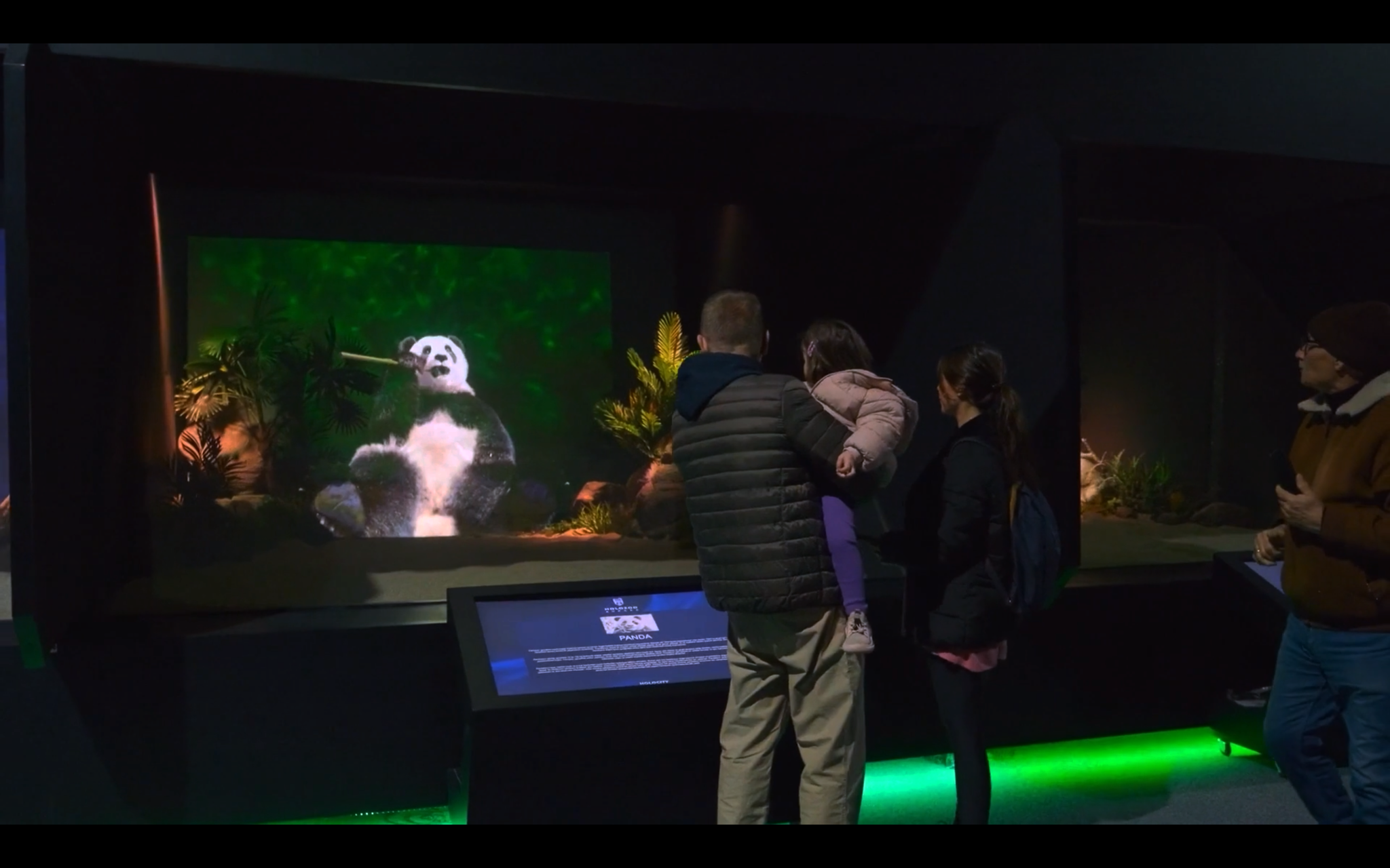 Family encountering a holographic panda
